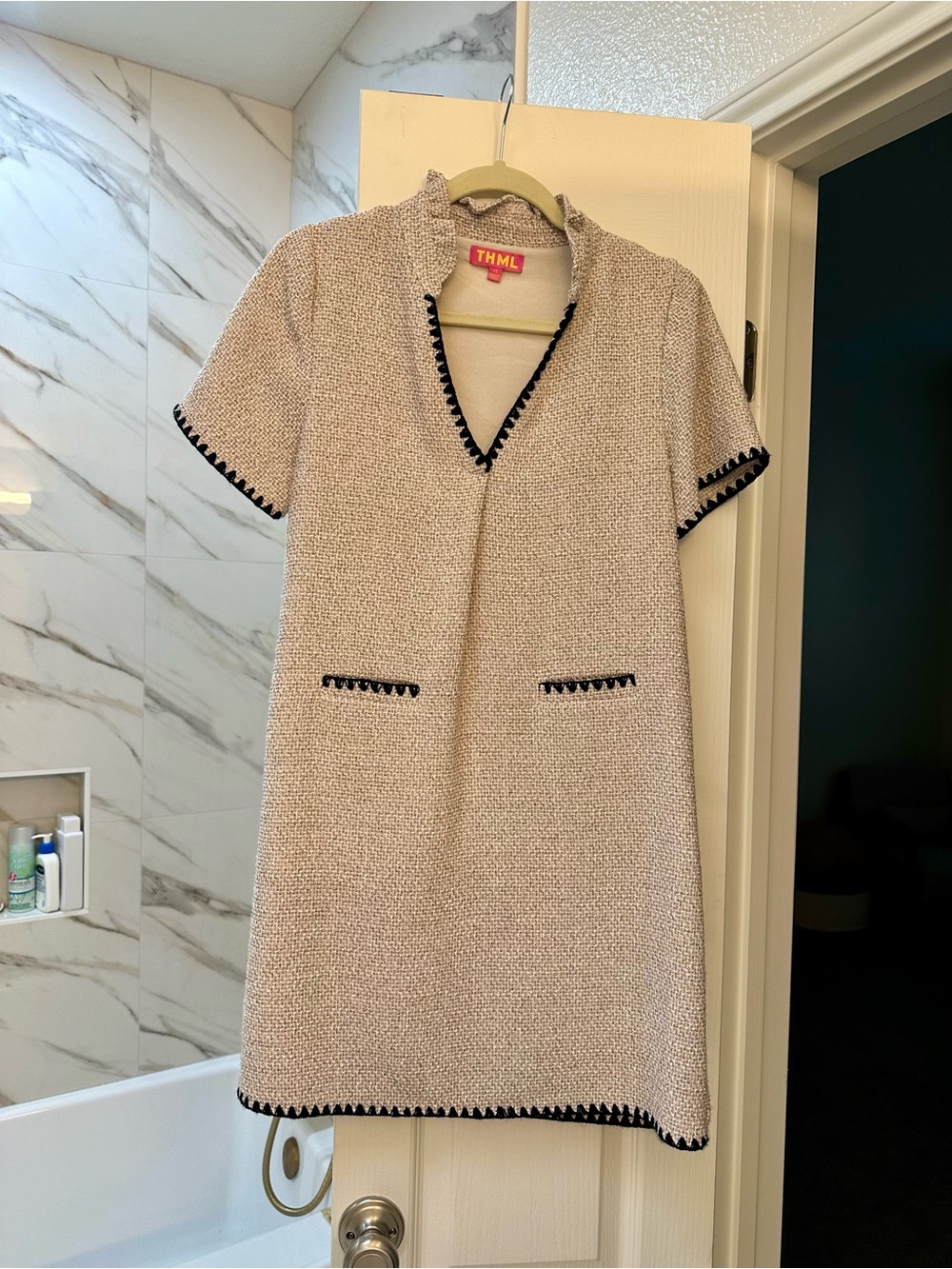 THML Cream Knit Shift Dress with Black Trim Accents